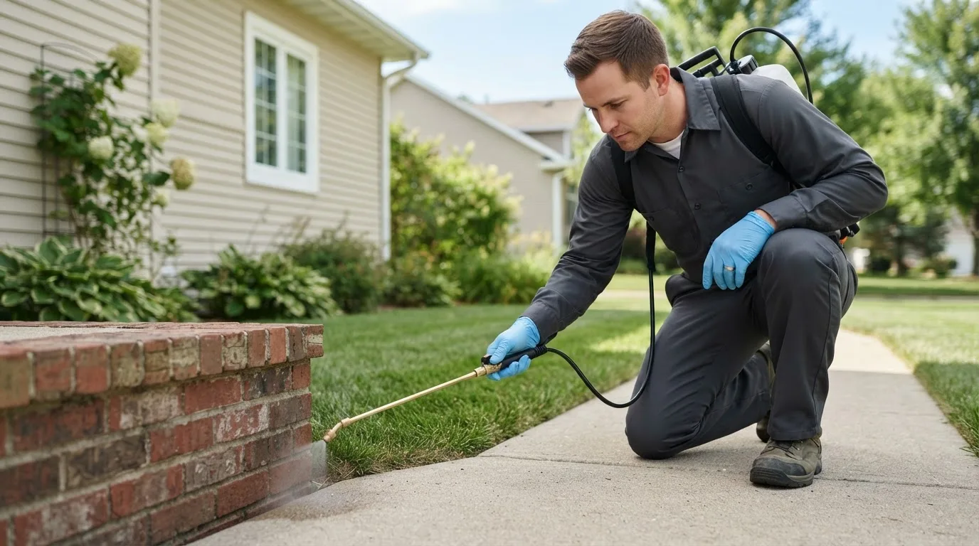 Pest control technician treating a home near Pickrell, NE