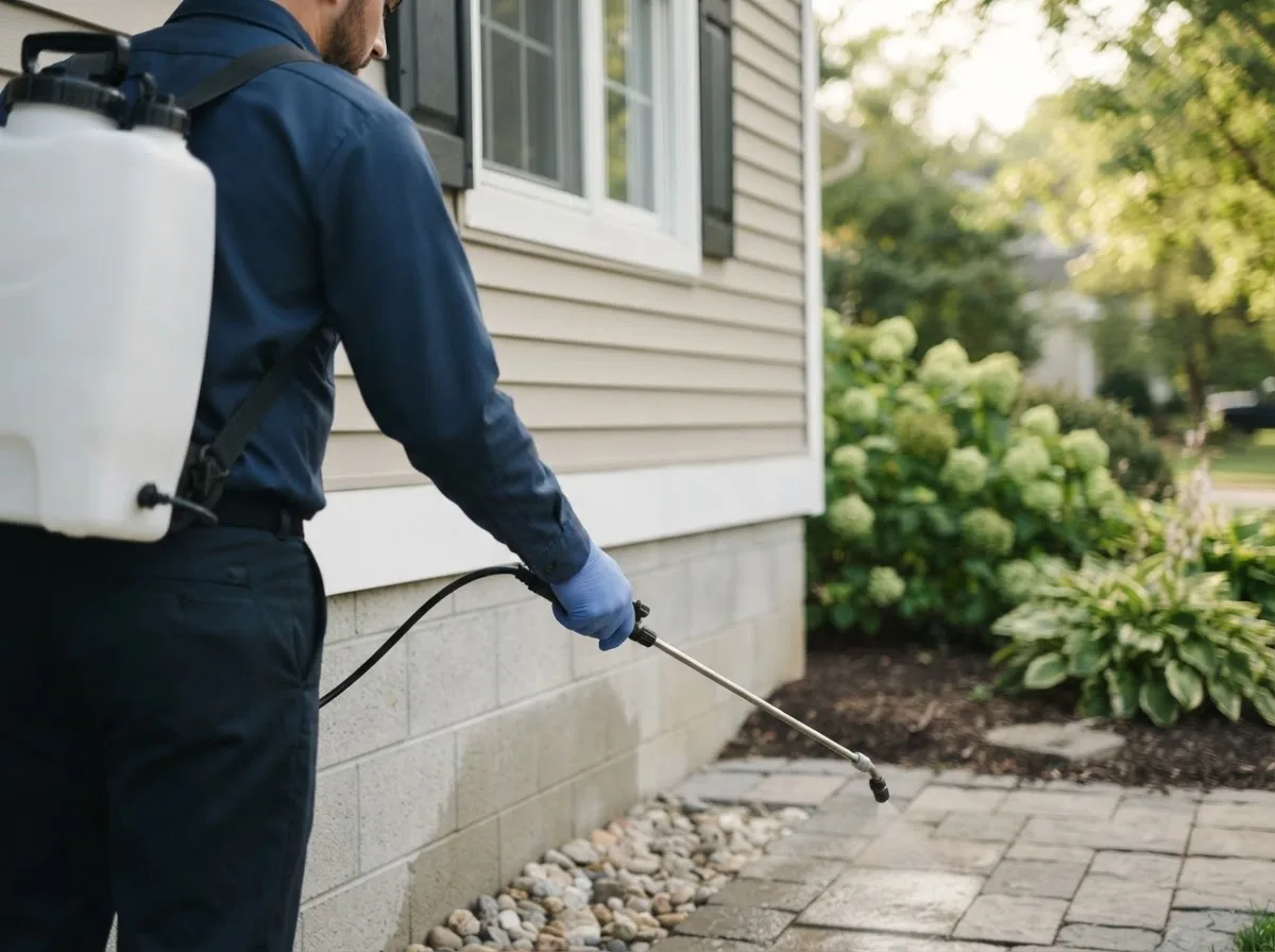 Pest control technician inspecting a home in Pickrell, NE
